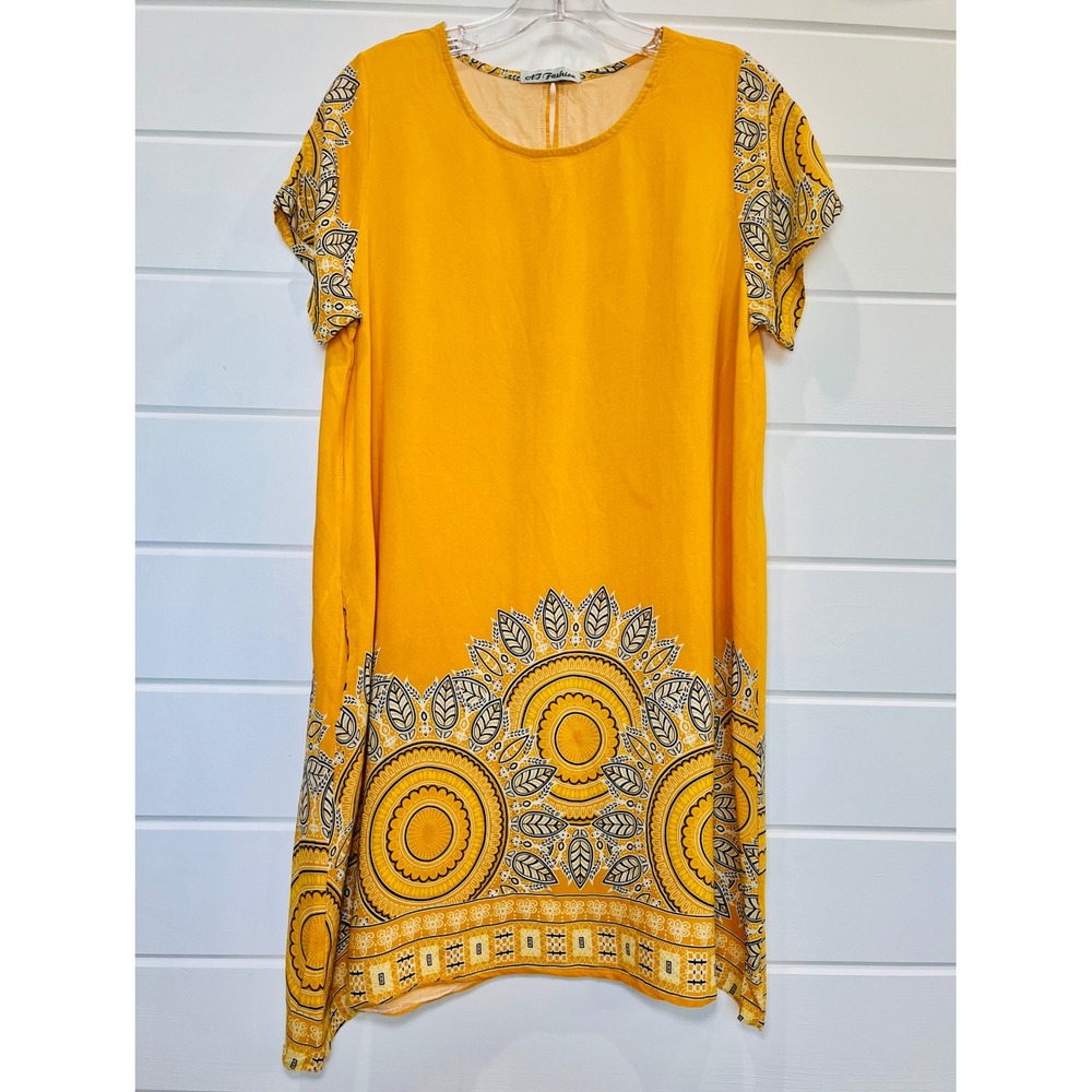 AJ Fashion Shift Swing Dress Womens L Mustard Yellow Boho Resortwear Chic Casual